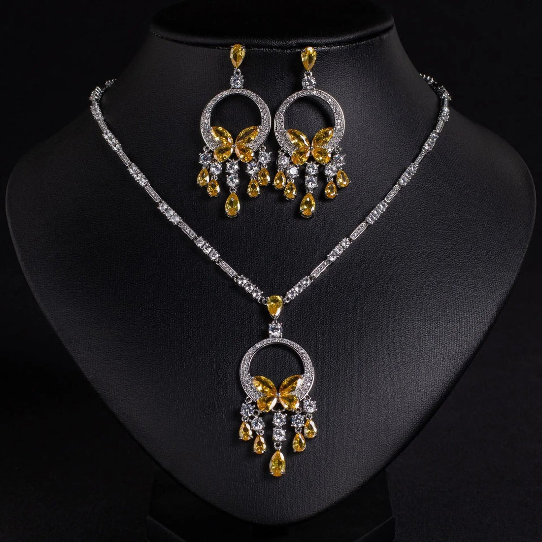 Luxury Cubic Zirconia Tassel Necklace and Earring Set JW050