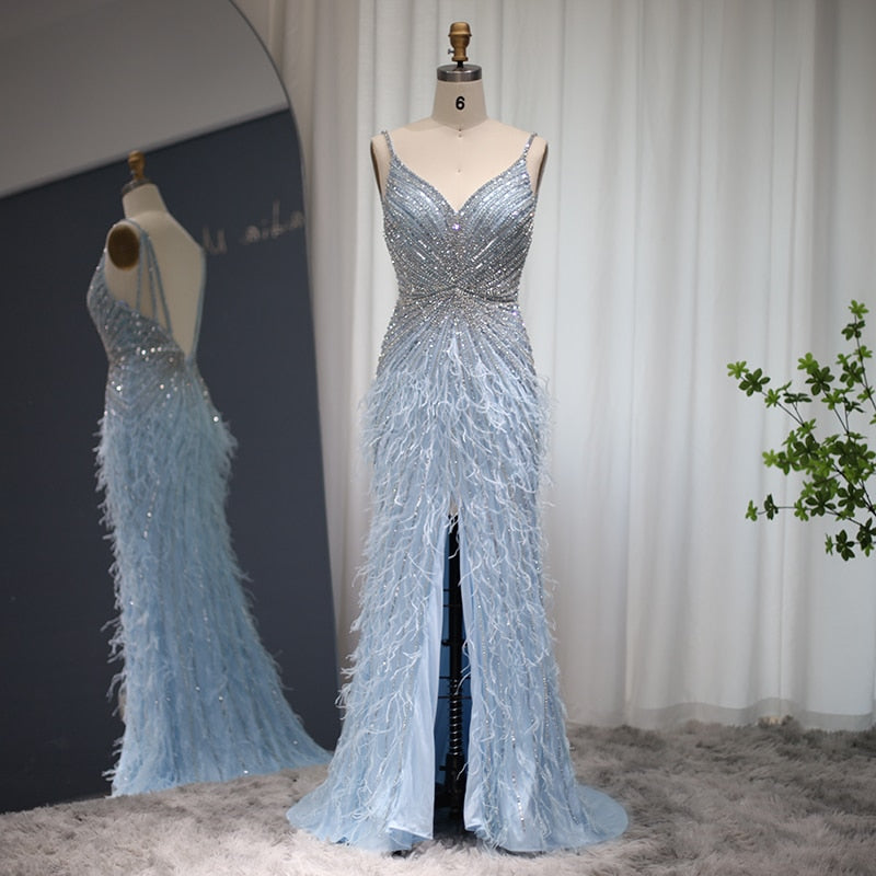Luxury Beaded Blue Mermaid Feathers Evening Dress SS004