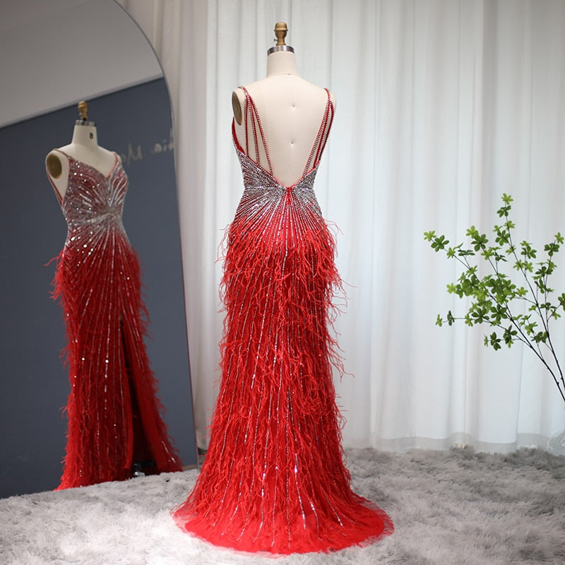 Luxury Beaded Blue Mermaid Feathers Evening Dress SS004