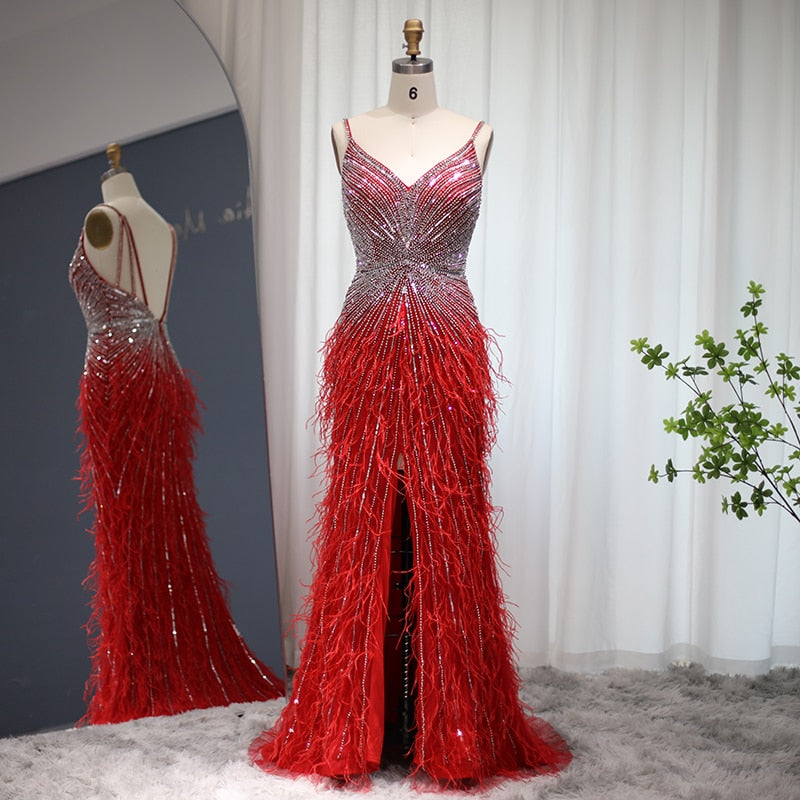 Luxury Beaded Blue Mermaid Feathers Evening Dress SS004