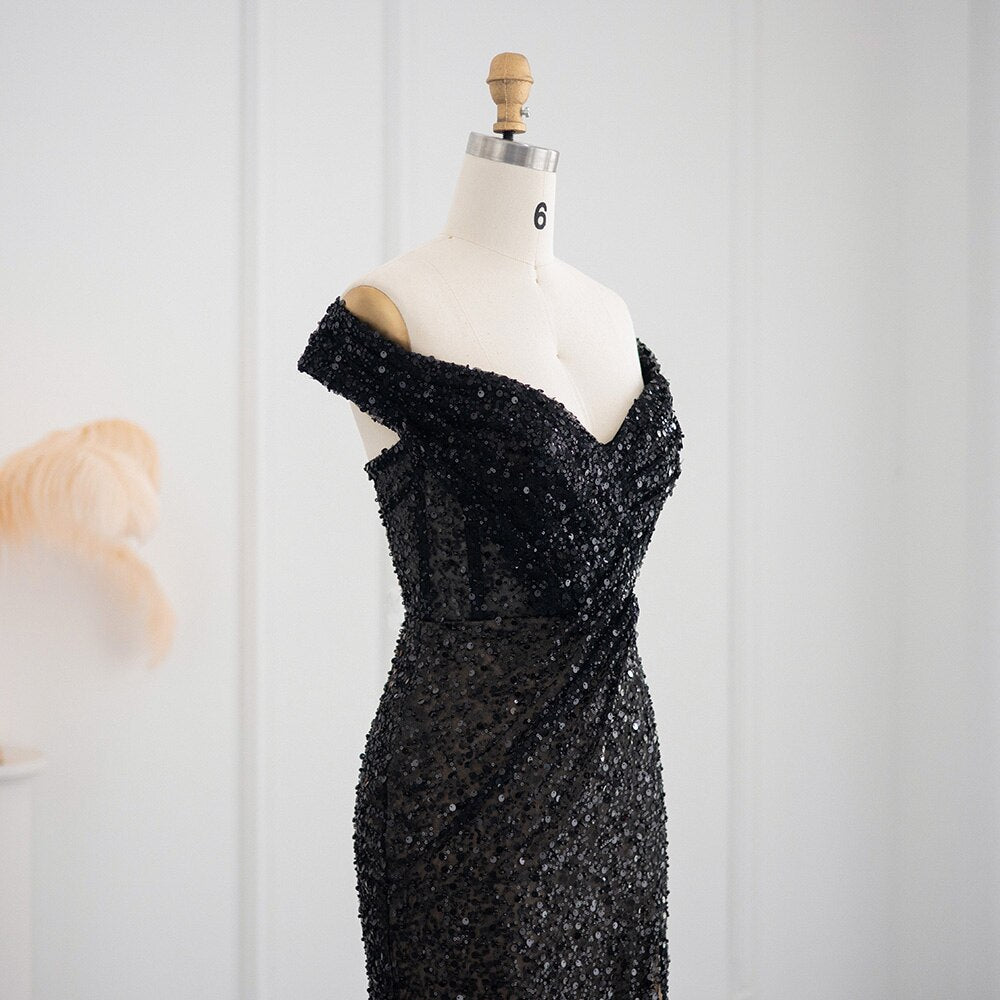 Luxury Beaded Black Mermaid Feathers Evening Dress SS404L
