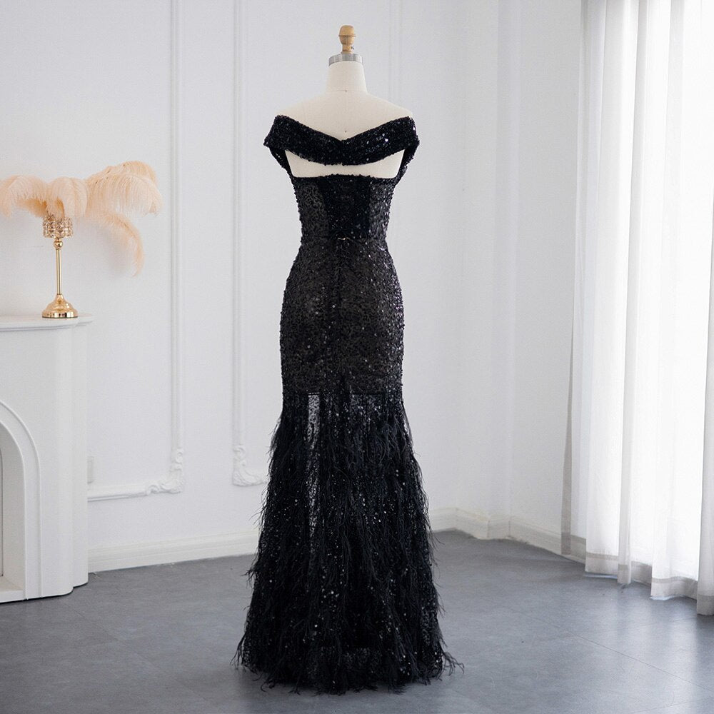 Luxury Beaded Black Mermaid Feathers Evening Dress SS404L