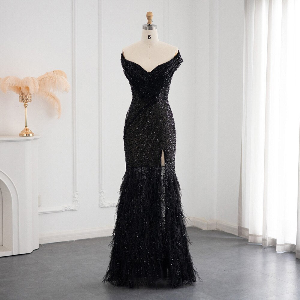 Luxury Beaded Black Mermaid Feathers Evening Dress SS404L