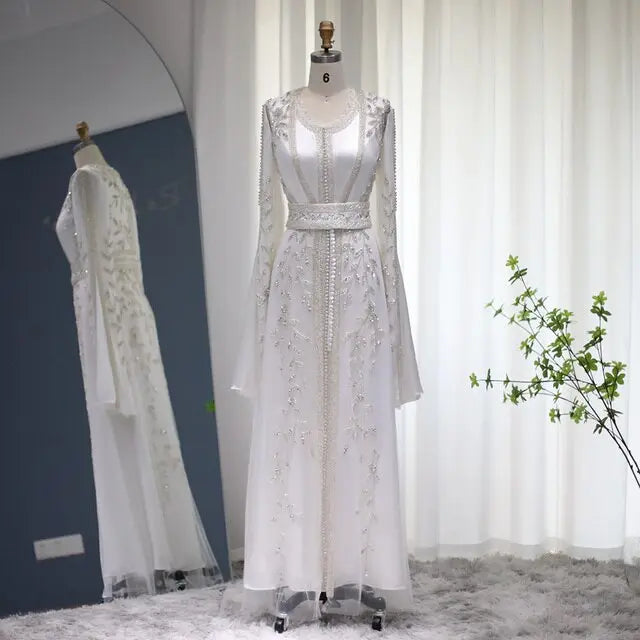 Luxury Moroccan Kaftan Ivory Long Sleeve Evening Dress SS439