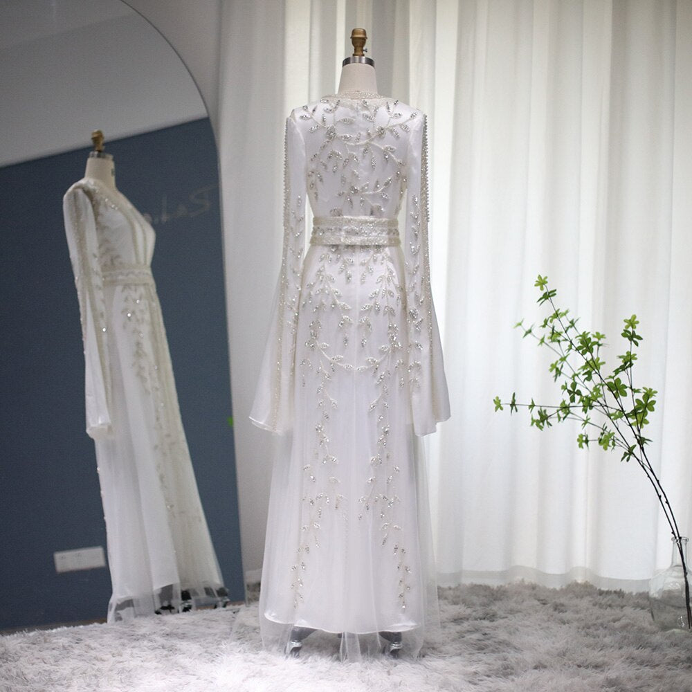 Luxury Beaded Ivory Long Sleeves Evening Dresses SS439