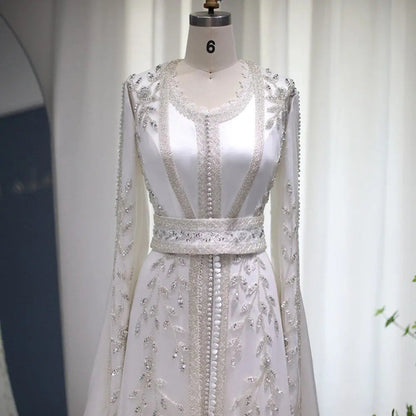 Luxury Moroccan Kaftan Ivory Long Sleeve Evening Dress SS439