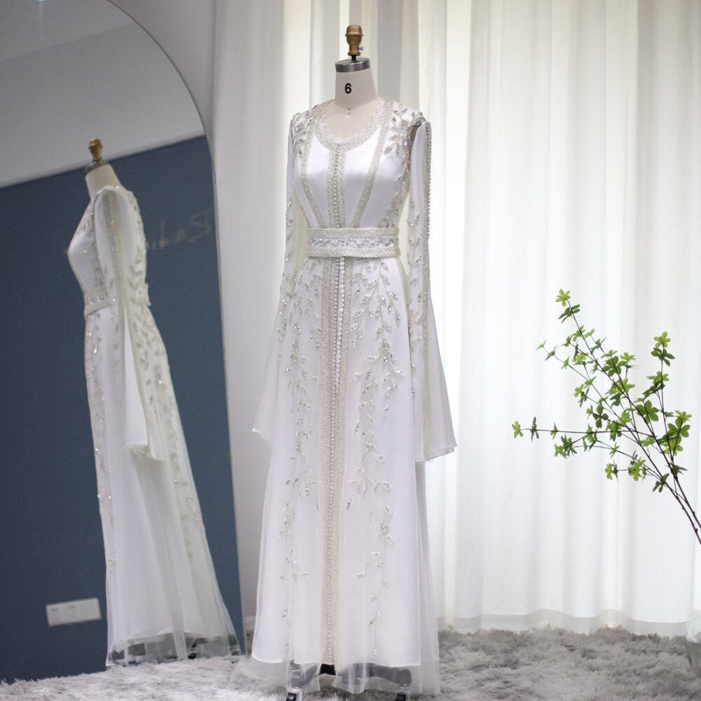Luxury Beaded Ivory Long Sleeves Evening Dresses SS439