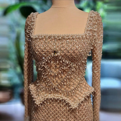 Luxury Dubai Champagne Crystal Evening Dress with Long Sleeves SS633