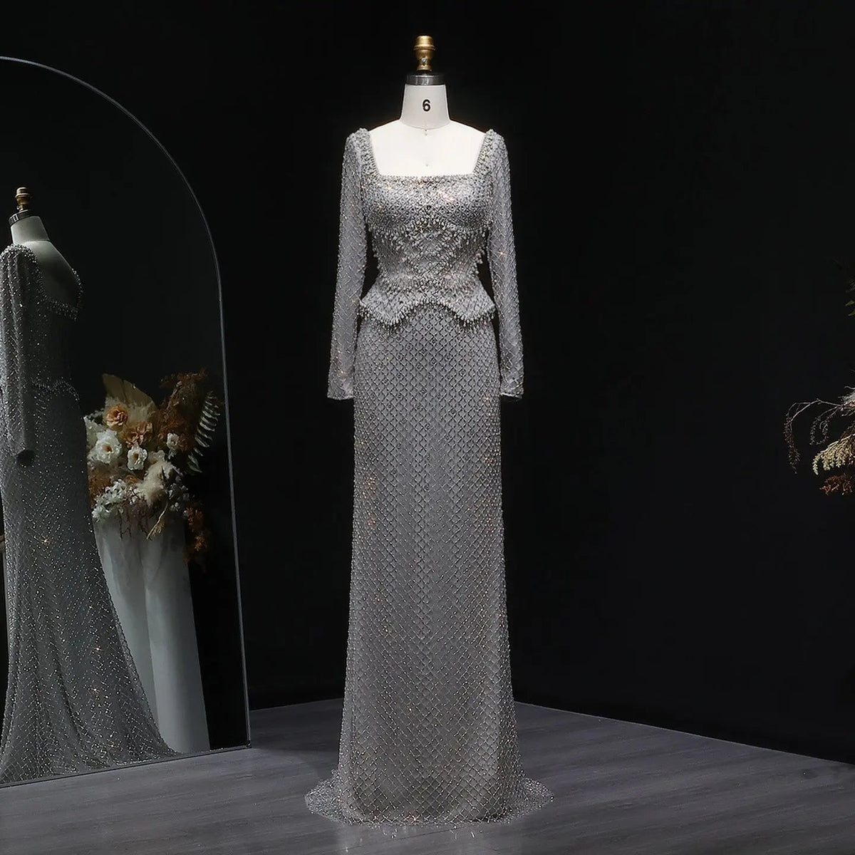 Luxury Dubai Champagne Crystal Evening Dress with Long Sleeves SS633