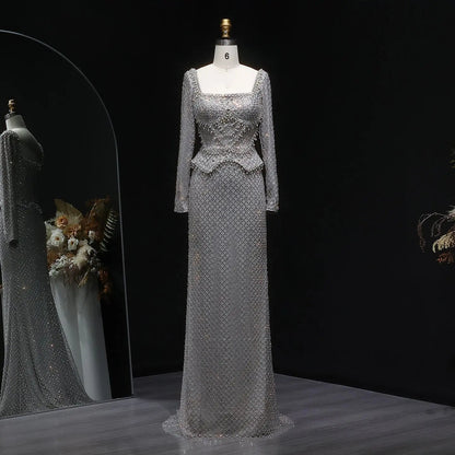 Luxury Dubai Champagne Crystal Evening Dress with Long Sleeves SS633