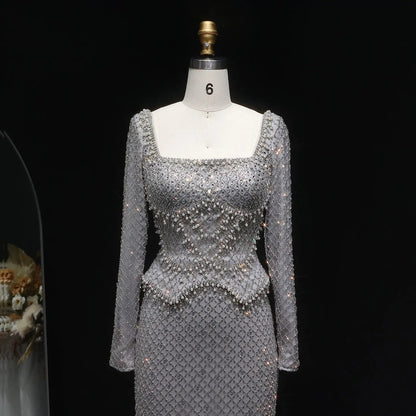 Luxury Dubai Champagne Crystal Evening Dress with Long Sleeves SS633