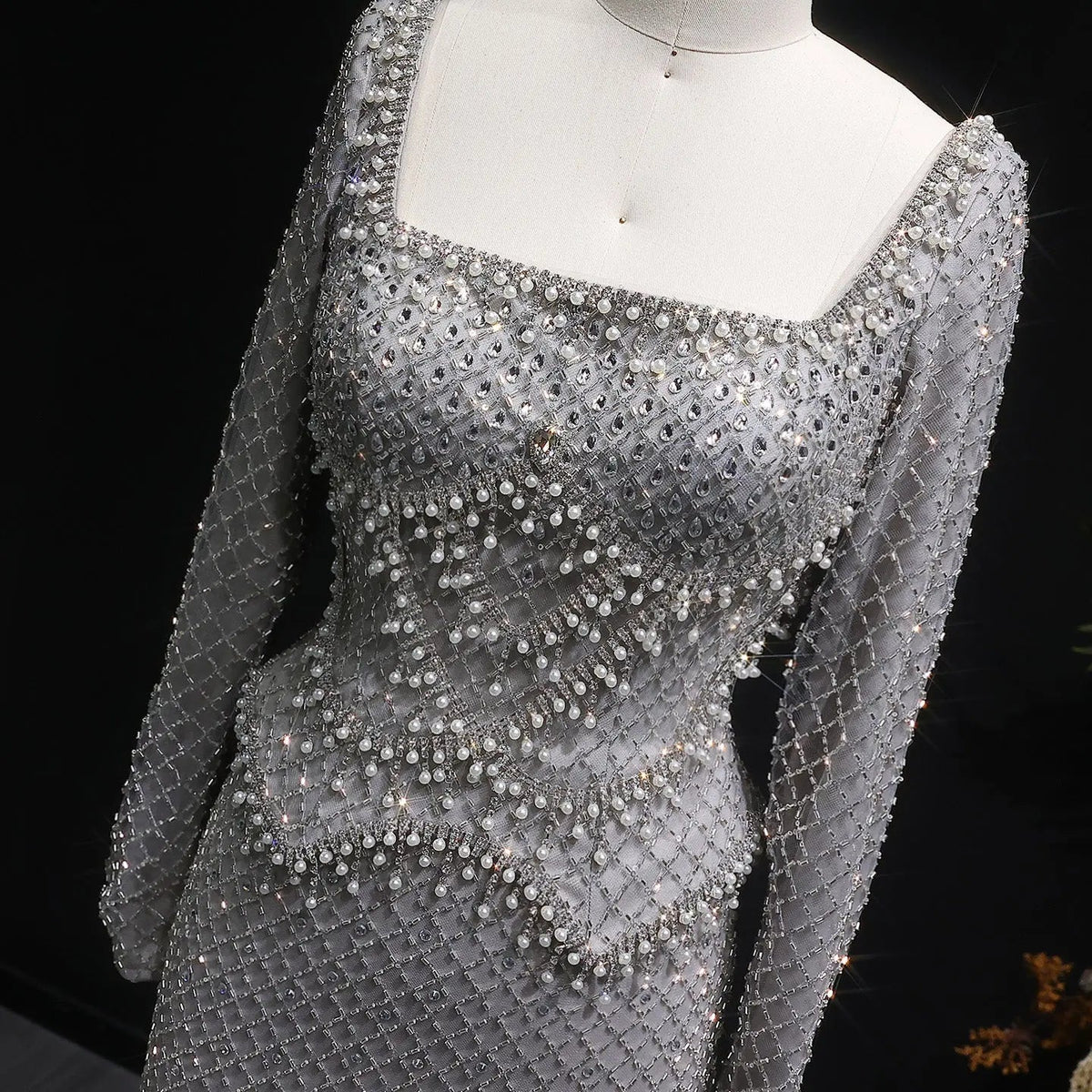 Luxury Dubai Champagne Crystal Evening Dress with Long Sleeves SS633