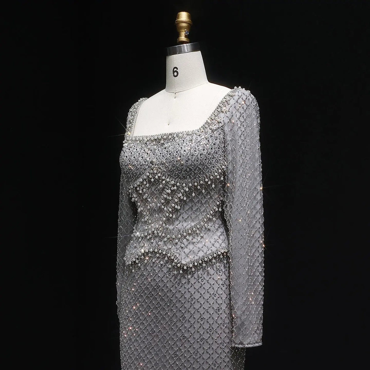 Luxury Dubai Champagne Crystal Evening Dress with Long Sleeves SS633
