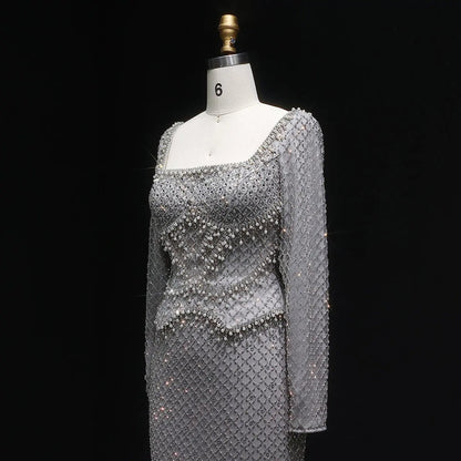 Luxury Dubai Champagne Crystal Evening Dress with Long Sleeves SS633