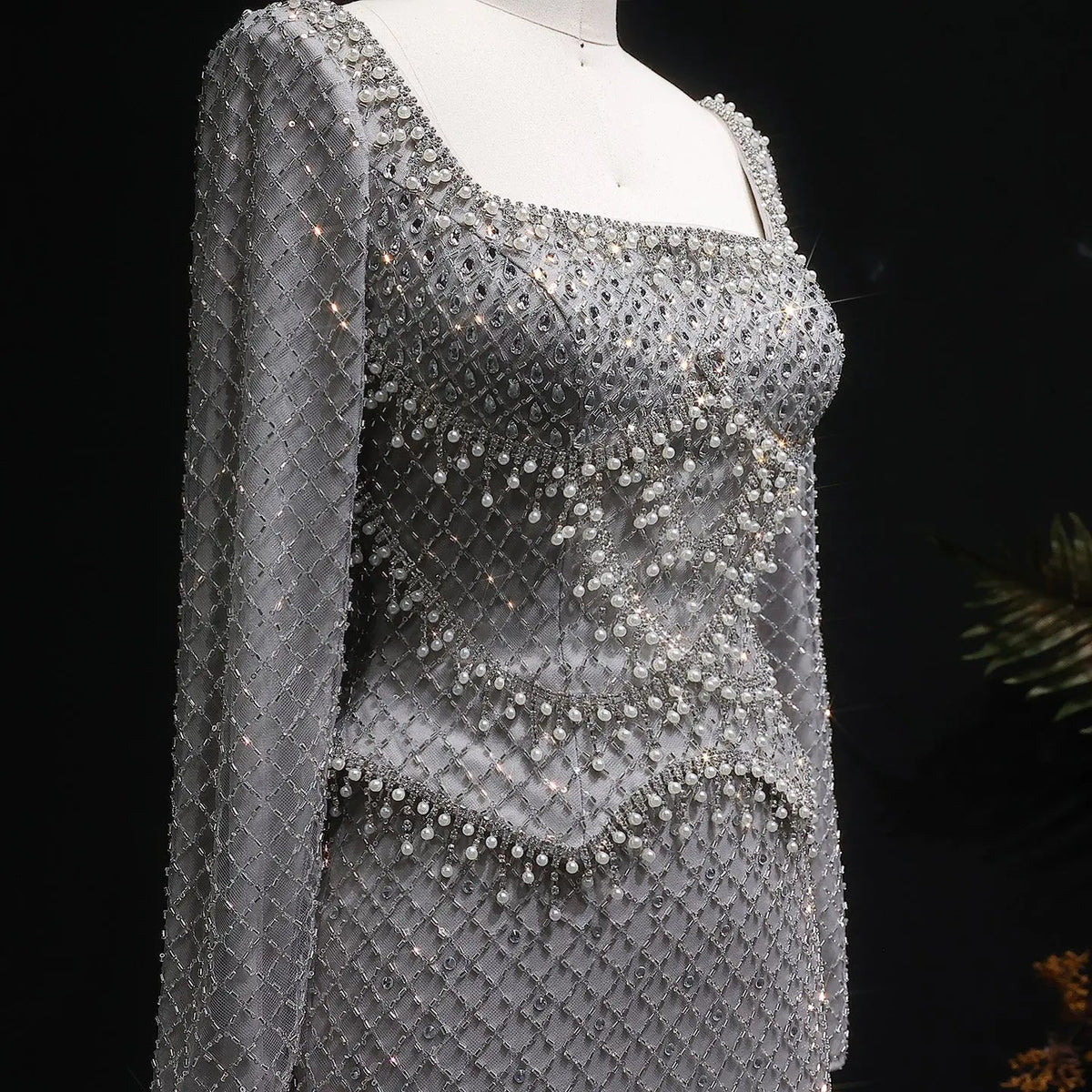 Luxury Dubai Champagne Crystal Evening Dress with Long Sleeves SS633