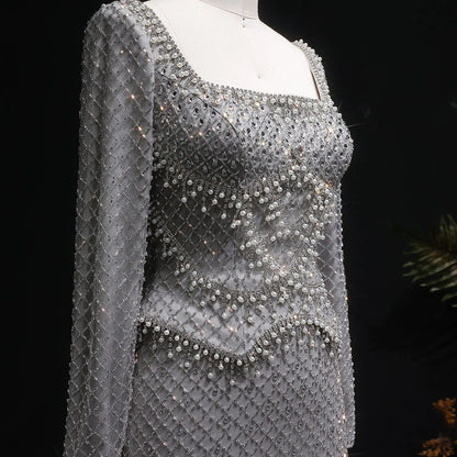 Luxury Dubai Champagne Crystal Evening Dress with Long Sleeves SS633