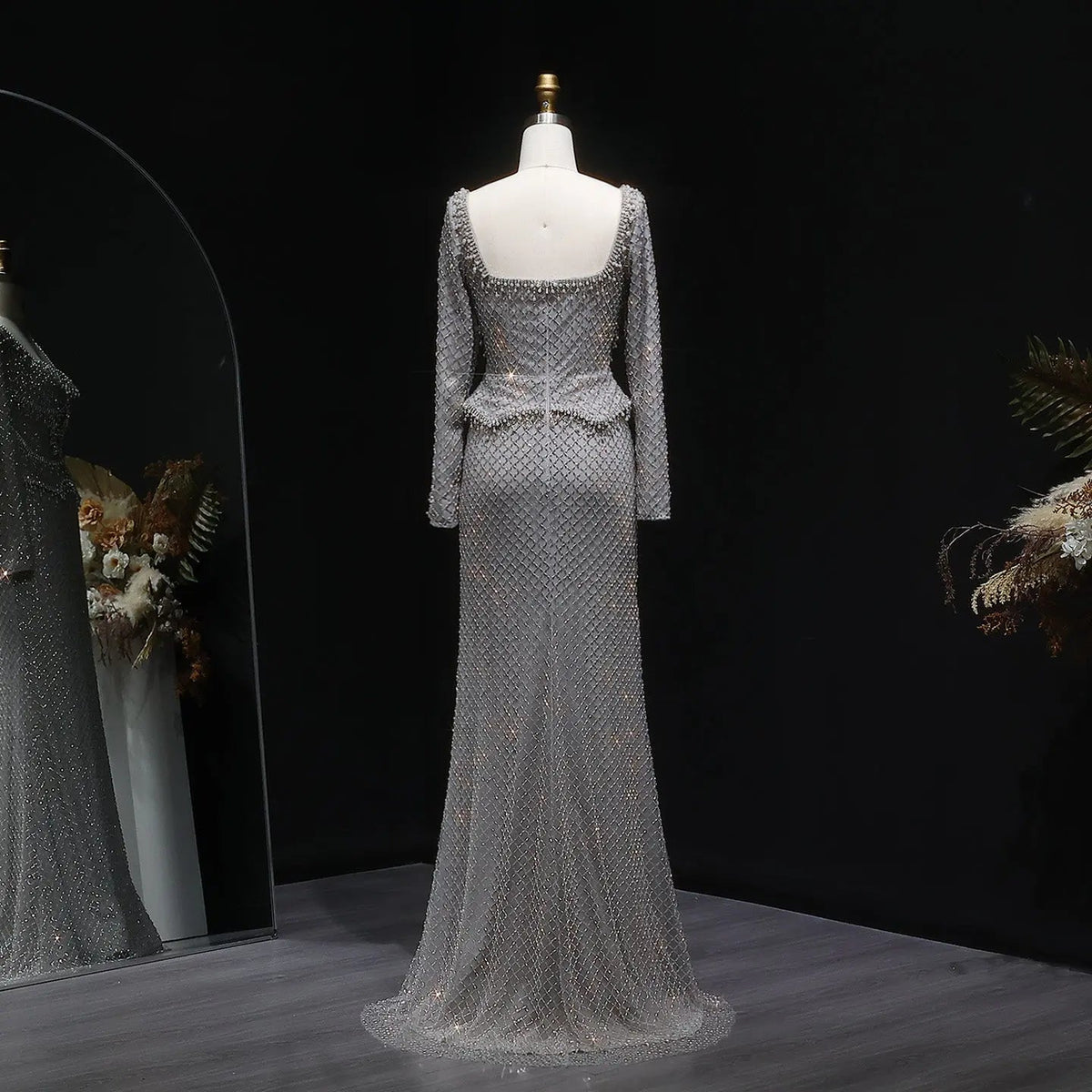 Luxury Dubai Champagne Crystal Evening Dress with Long Sleeves SS633