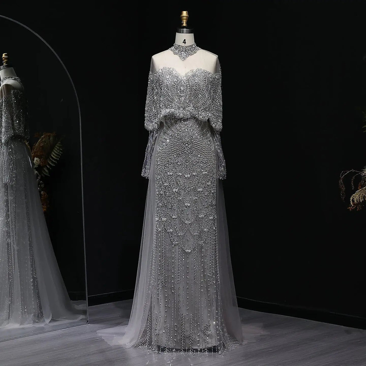 Luxury Gray Beaded Crystal Evening Dress with Cape SS557