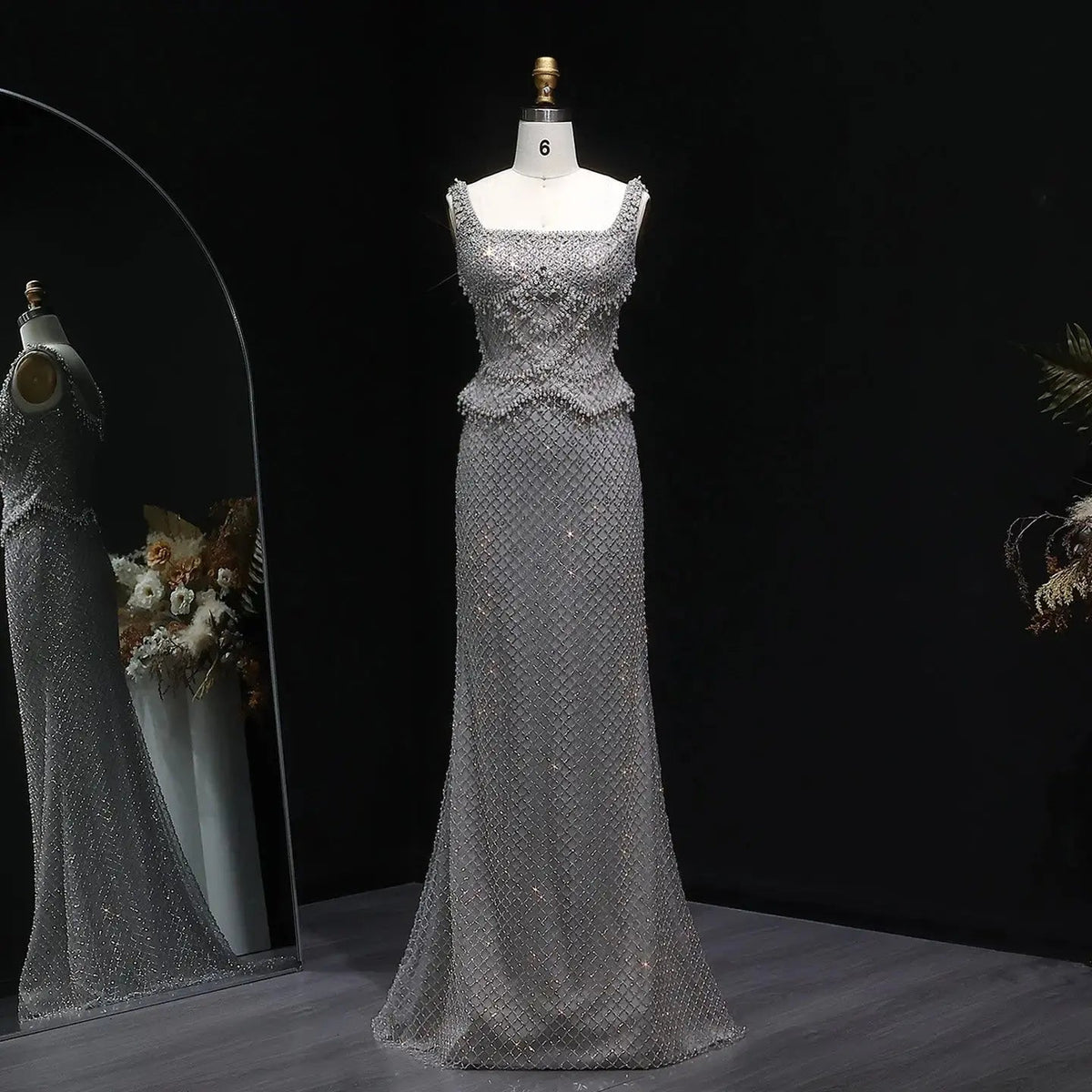 Luxury Gray Beaded Crystal Long Straight Evening Dress SS631