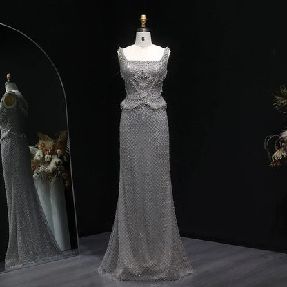 Luxury Gray Beaded Crystal Long Straight Evening Dress SS631
