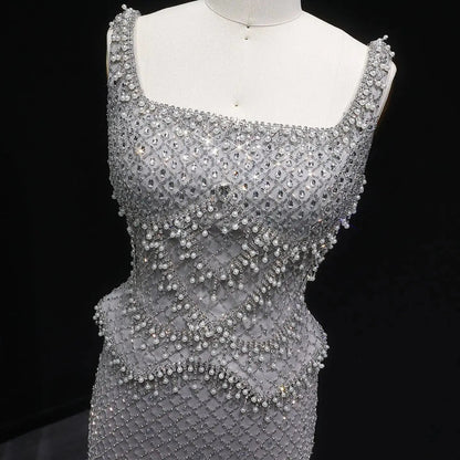 Luxury Gray Beaded Crystal Long Straight Evening Dress SS631