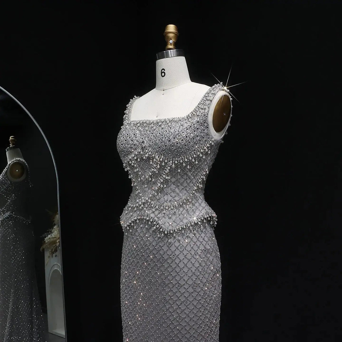 Luxury Gray Beaded Crystal Long Straight Evening Dress SS631