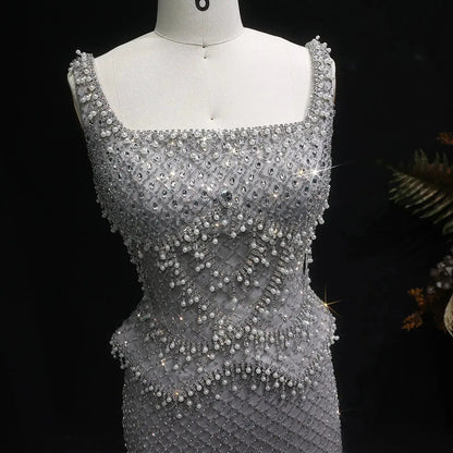 Luxury Gray Beaded Crystal Long Straight Evening Dress SS631