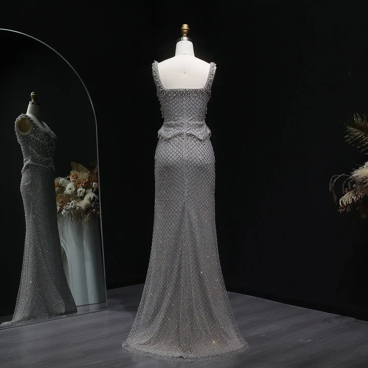 Luxury Gray Beaded Crystal Long Straight Evening Dress SS631