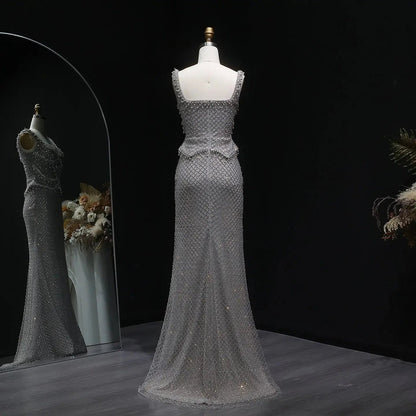 Luxury Gray Beaded Crystal Long Straight Evening Dress SS631