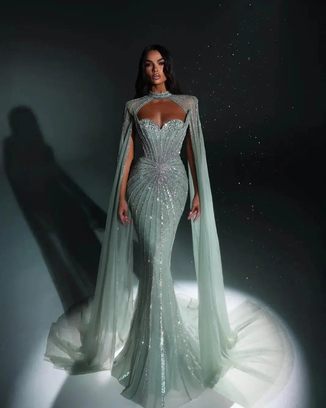Luxury Mermaid Beaded Evening Dress with Cape SS156