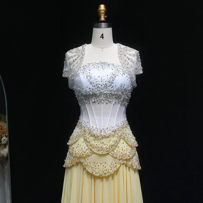 Luxury Pearls Tassel Blue and Yellow Evening Dress with Flowing Sleeves SS286