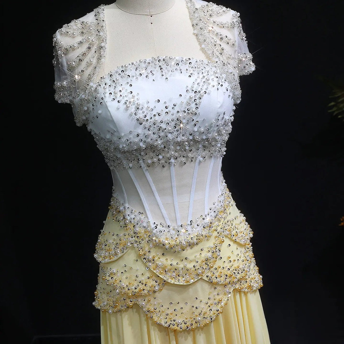 Luxury Pearls Tassel Blue and Yellow Evening Dress with Flowing Sleeves SS286