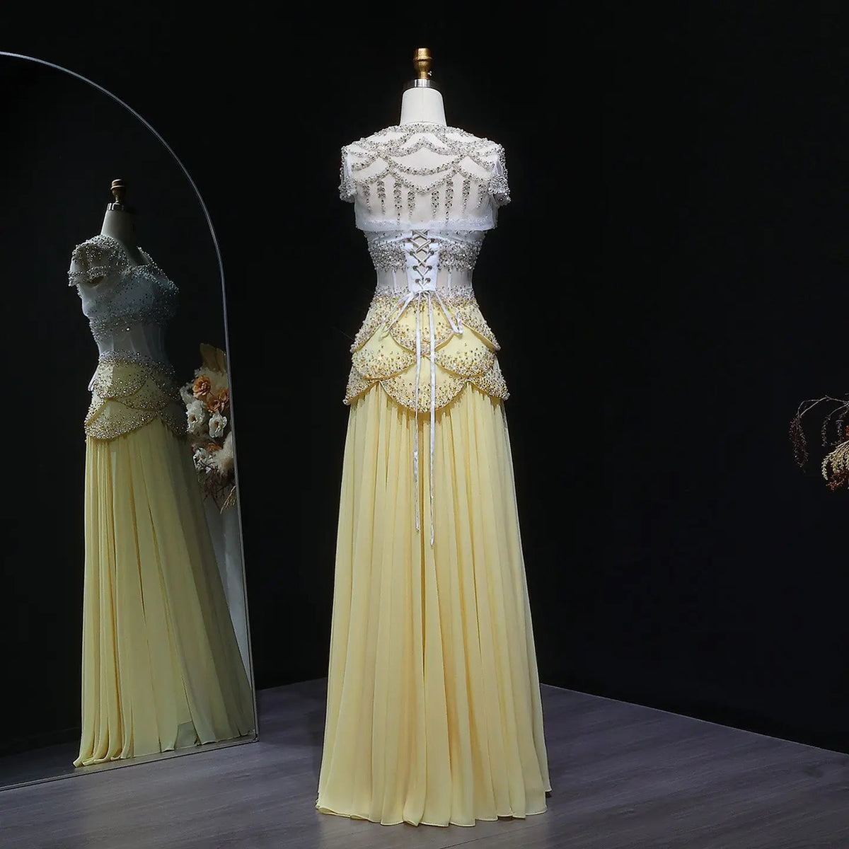 Luxury Pearls Tassel Blue and Yellow Evening Dress with Flowing Sleeves SS286