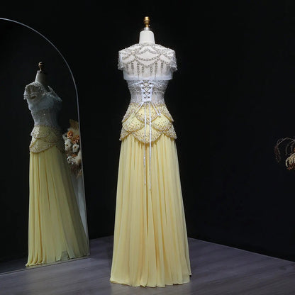 Luxury Pearls Tassel Blue and Yellow Evening Dress with Flowing Sleeves SS286
