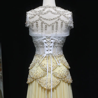 Luxury Pearls Tassel Blue and Yellow Evening Dress with Flowing Sleeves SS286