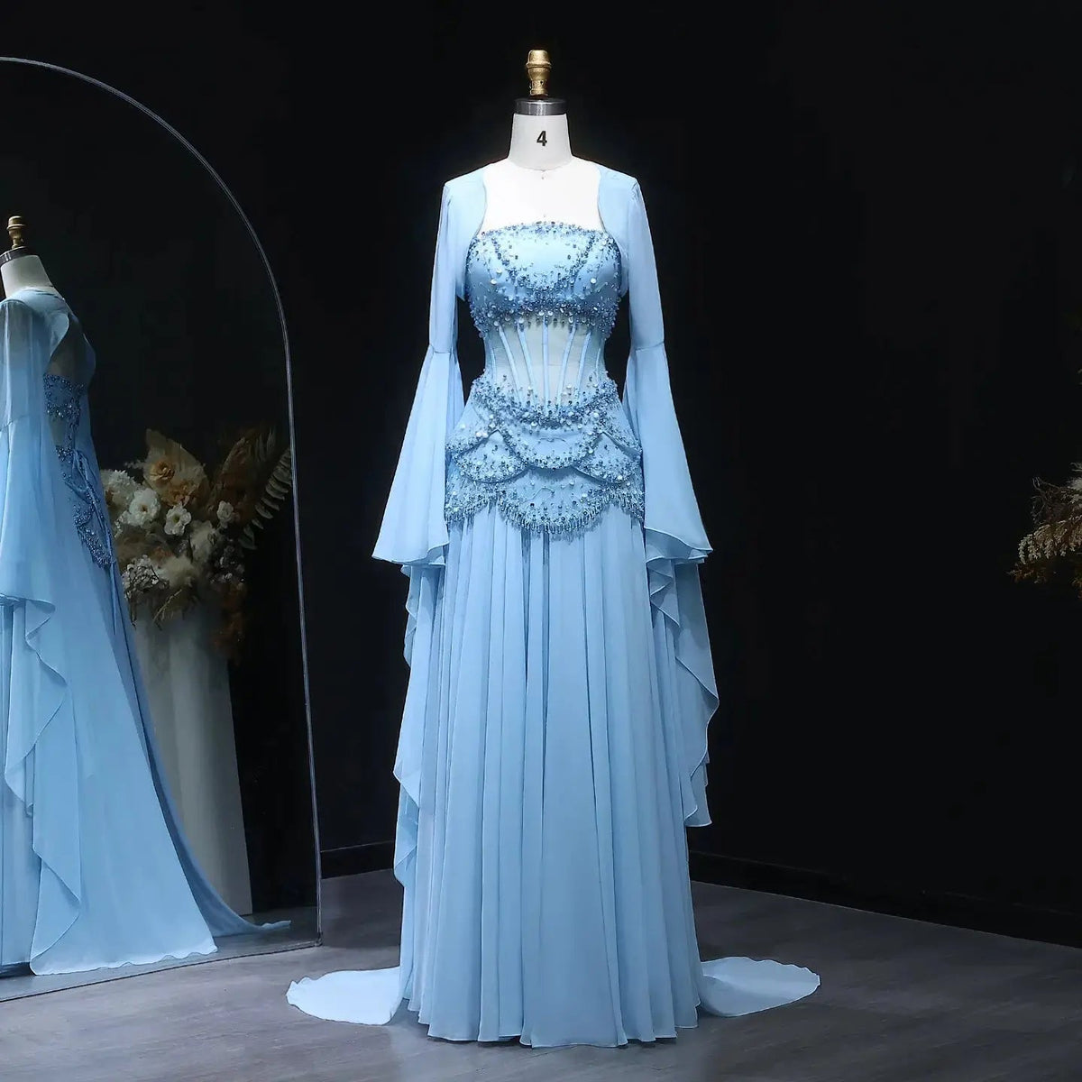 Luxury Pearls Tassel Blue and Yellow Evening Dress with Flowing Sleeves SS286