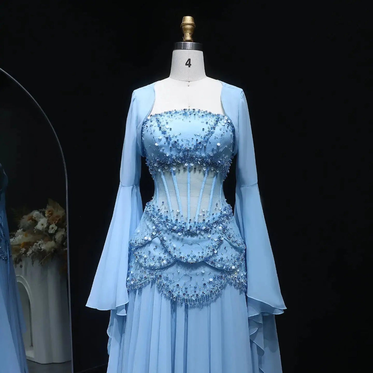 Luxury Pearls Tassel Blue and Yellow Evening Dress with Flowing Sleeves SS286