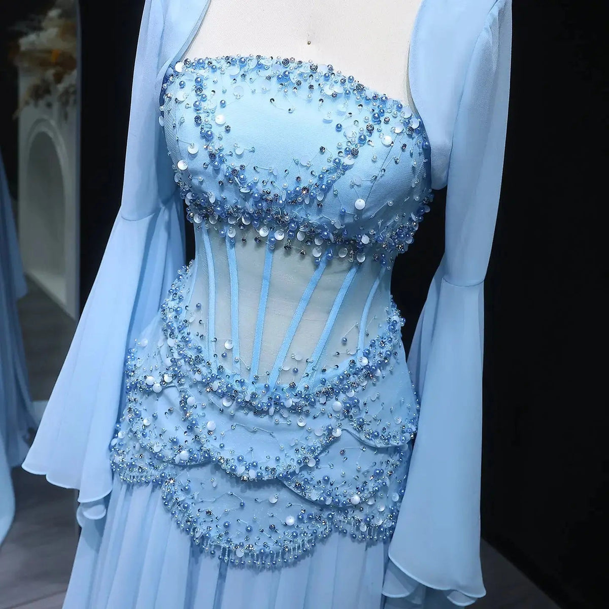 Luxury Pearls Tassel Blue and Yellow Evening Dress with Flowing Sleeves SS286