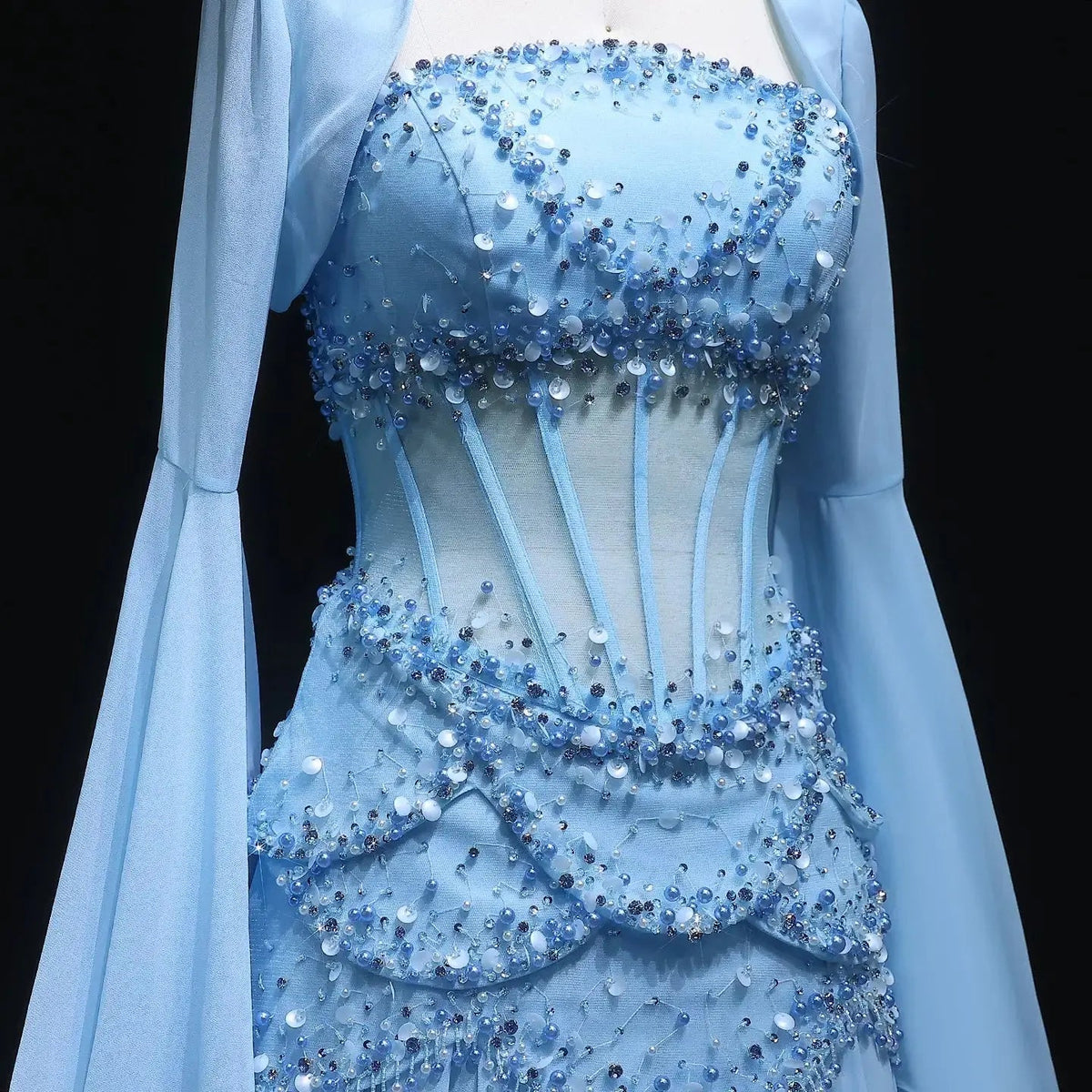 Luxury Pearls Tassel Blue and Yellow Evening Dress with Flowing Sleeves SS286
