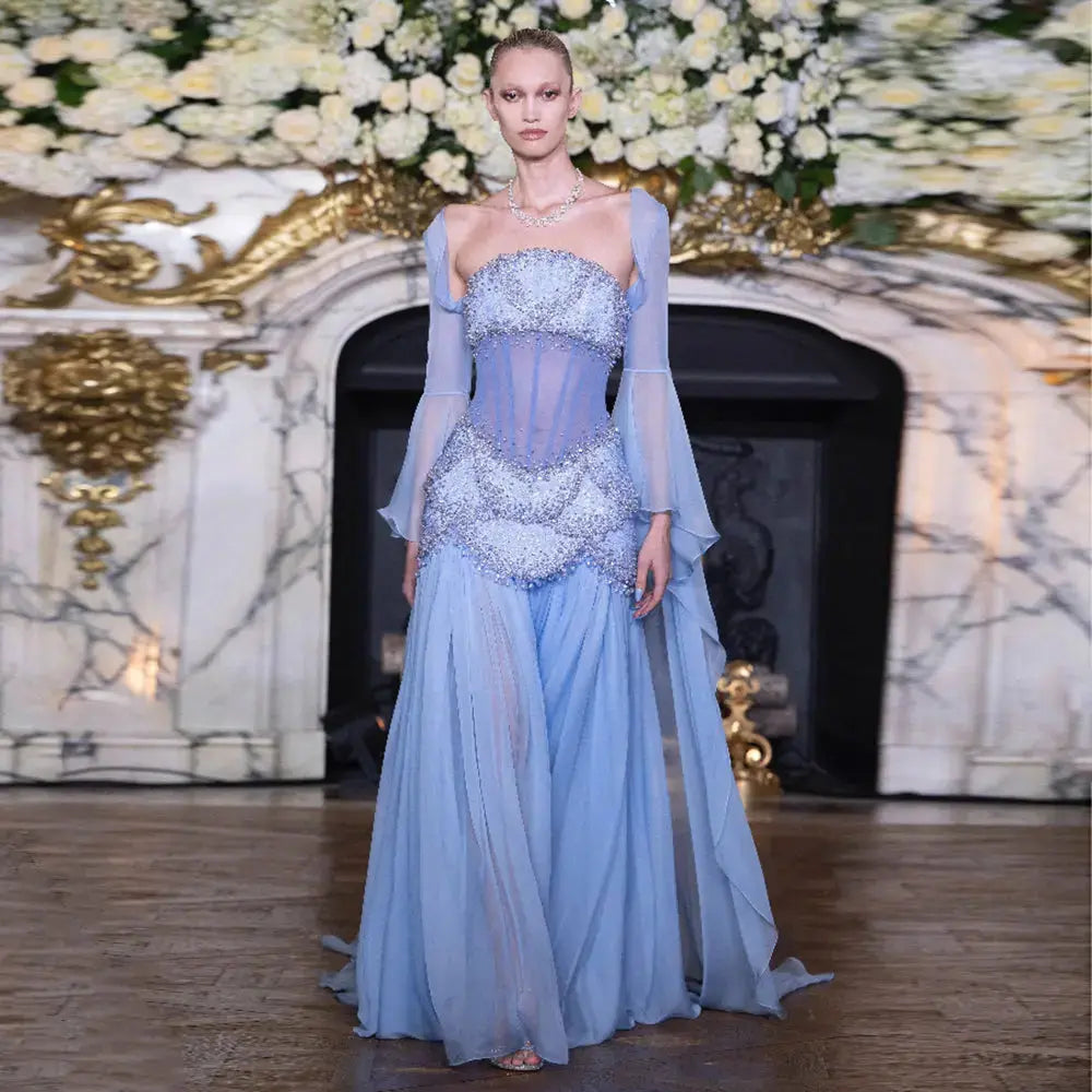 Luxury Pearls Tassel Blue and Yellow Evening Dress with Flowing Sleeves SS286