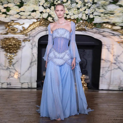 Luxury Pearls Tassel Blue and Yellow Evening Dress with Flowing Sleeves SS286