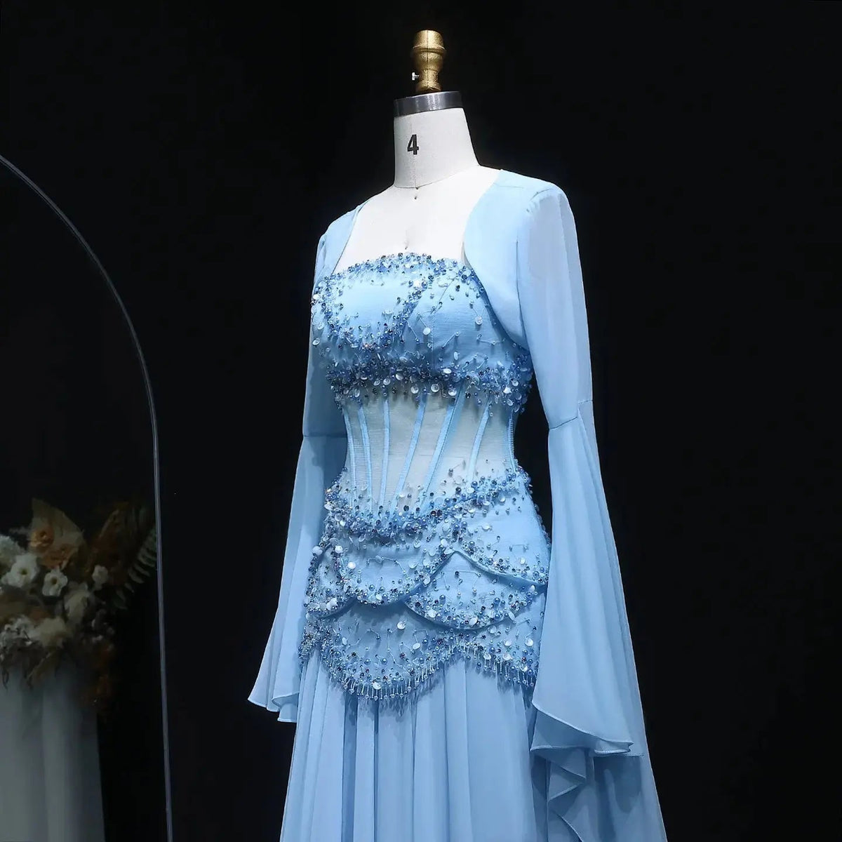 Luxury Pearls Tassel Blue and Yellow Evening Dress with Flowing Sleeves SS286