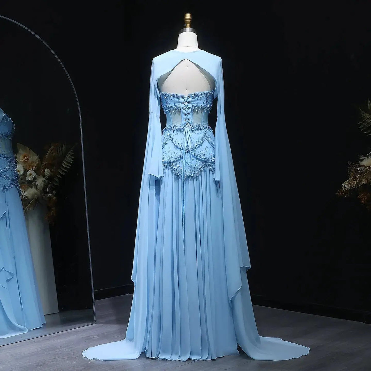 Luxury Pearls Tassel Blue and Yellow Evening Dress with Flowing Sleeves SS286