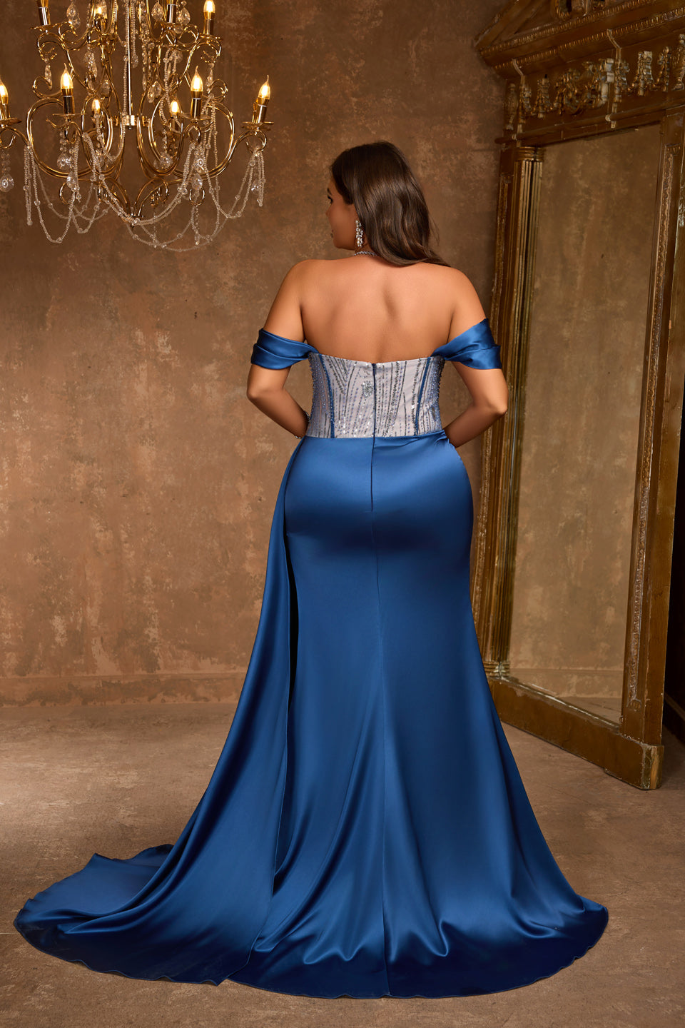 Luxury Navy Blue Pearl Sequin Evening Dress with High Slit SF617