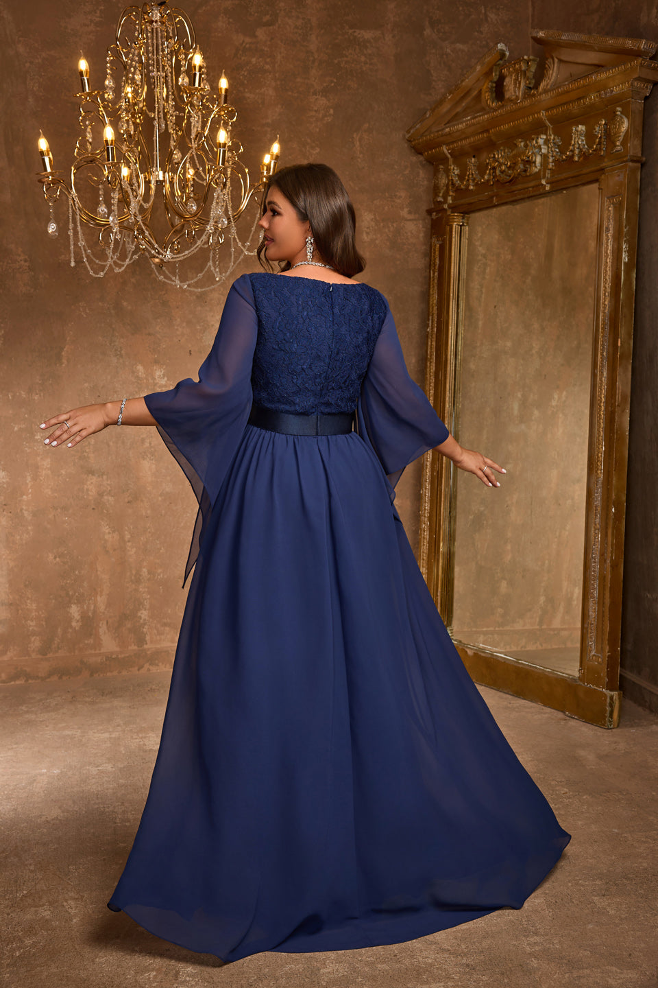 Luxury Navy Blue Batwing Sleeve Ball Gown Evening Dress SF611