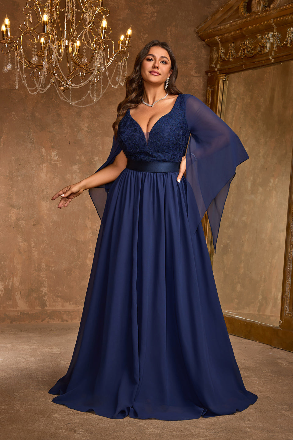 Luxury Navy Blue Batwing Sleeve Ball Gown Evening Dress SF611