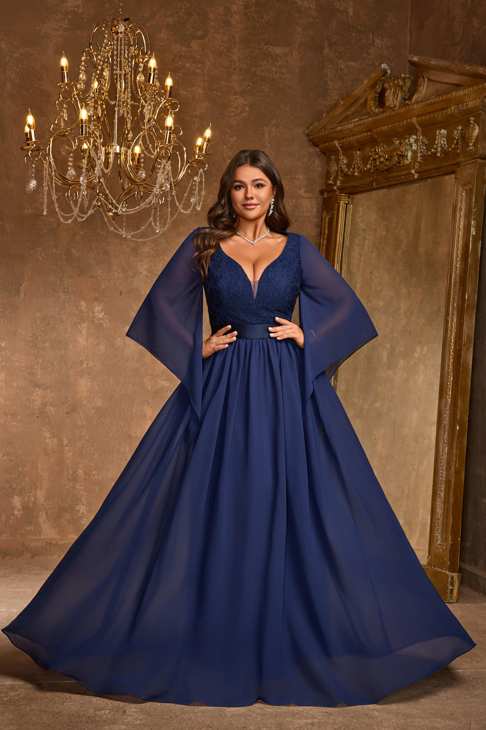 Luxury Navy Blue Batwing Sleeve Ball Gown Evening Dress SF611