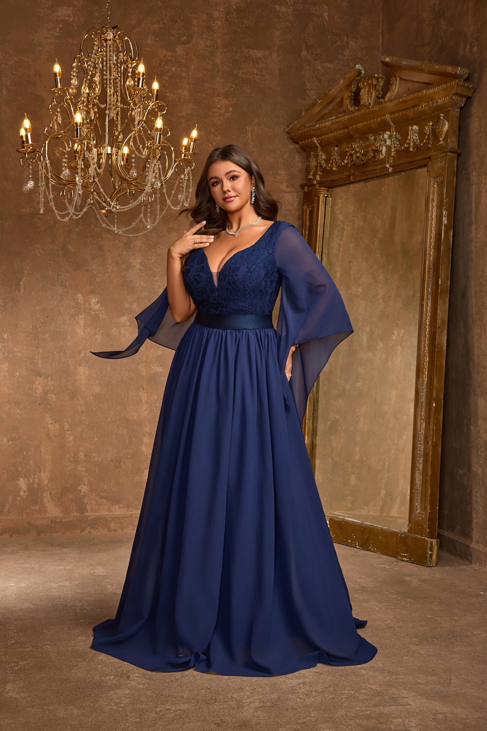 Luxury Navy Blue Batwing Sleeve Ball Gown Evening Dress SF611