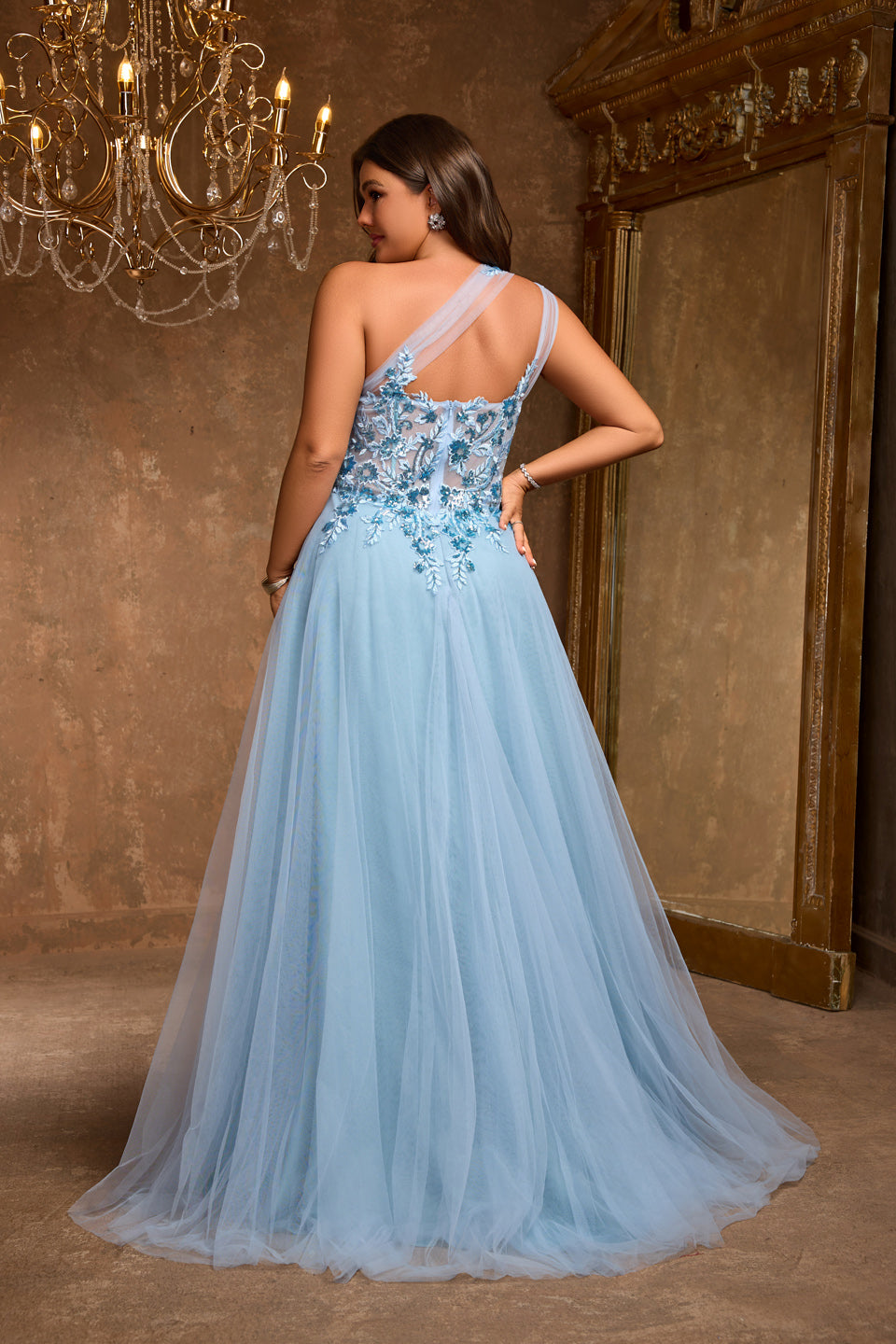 Luxury Blue One-Shoulder Sequin Evening Dress SF602