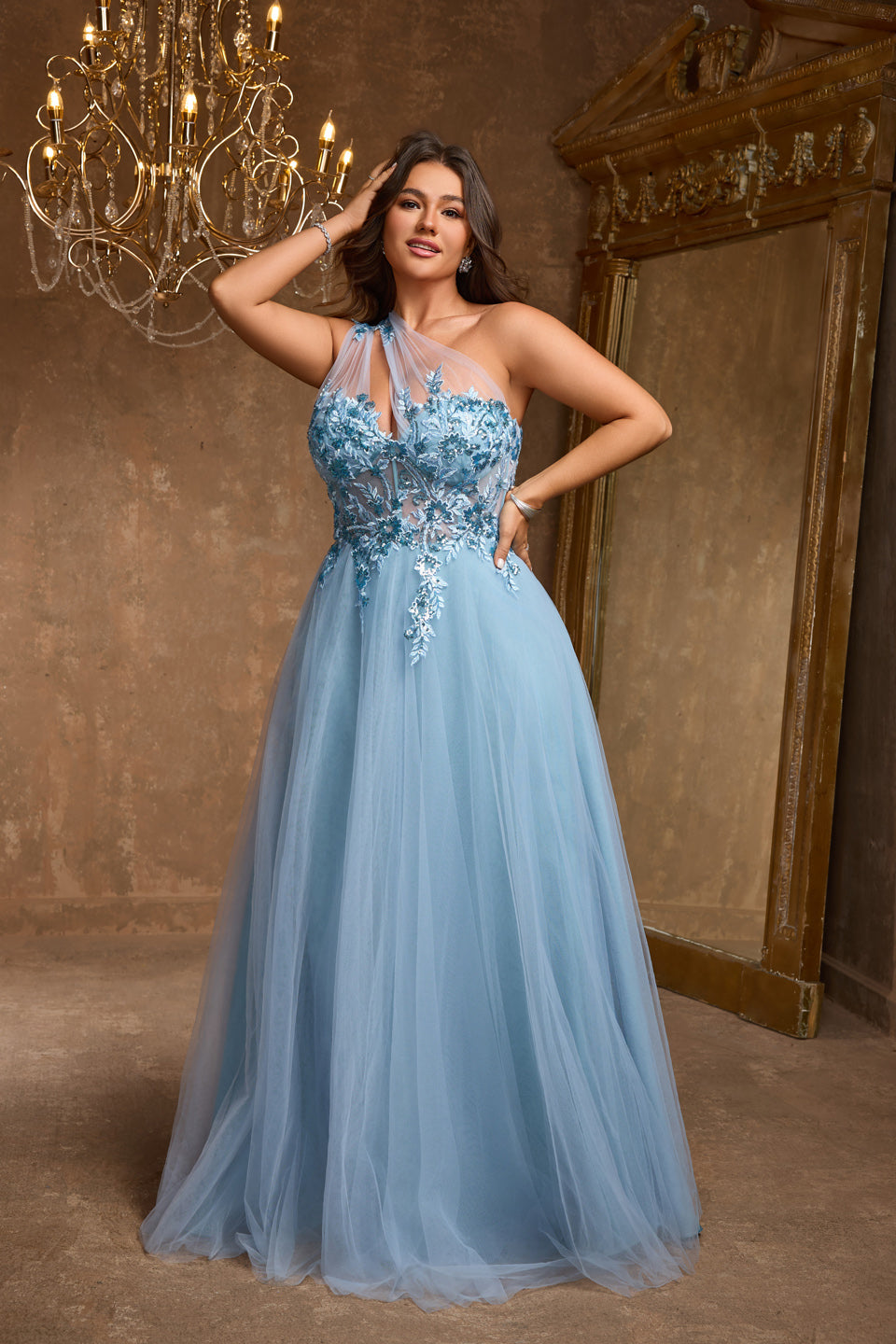 Luxury Blue One-Shoulder Sequin Evening Dress SF602